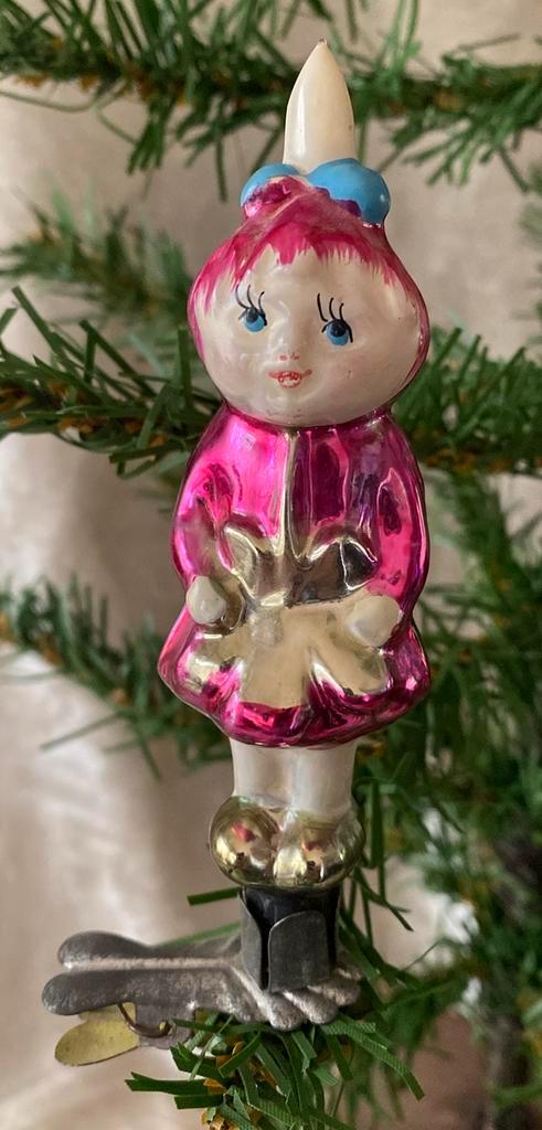 Oud glazen kerst decoratie versiering meisje op een knijper, Diversen, Kerst, Zo goed als nieuw, Ophalen of Verzenden