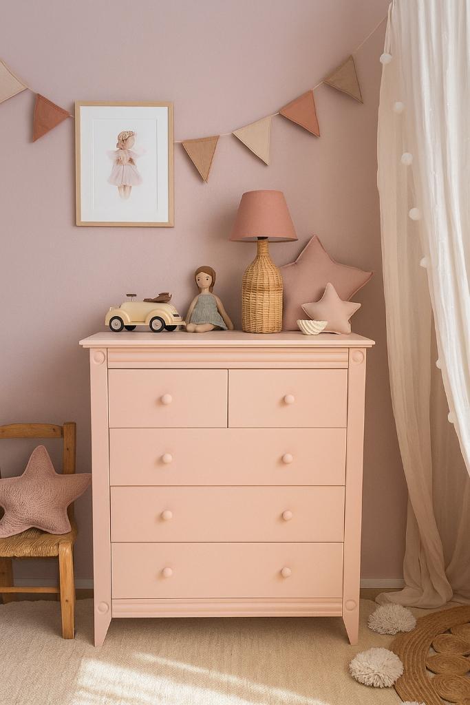 Schattige sfeervolle ladekast Apricot Crumble, Kinderen en Baby's, Kinderkamer | Commodes en Kasten, Zo goed als nieuw, Kast, 90 tot 105 cm