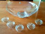 Grote glazen schaal voor drijfkaarsjes met 5 cups., Ophalen, Schaal, Rond, Glas