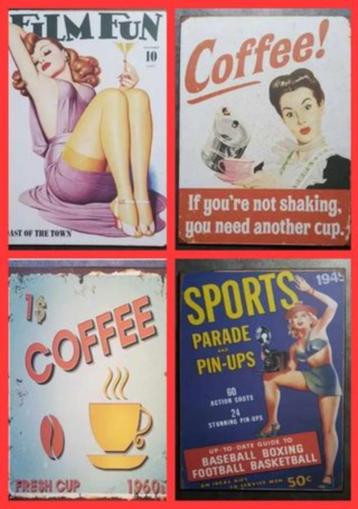 SALE 4 Metalen reclame borden voor 20 € route 66 coffee tiki beschikbaar voor biedingen