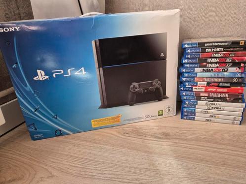 PS4 + 17 spellen, Spelcomputers en Games, Spelcomputers | Sony PlayStation 4, Gebruikt, Original, Met 1 controller, Ophalen