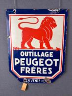 Oud origineel dubbelzijdig emaille Peugeot reclamebord, Ophalen of Verzenden