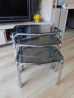 vintage mini set tafeltjes chrome met rookglas midiset, Huis en Inrichting, Tafels | Bijzettafels, Ophalen, Minder dan 45 cm, Minder dan 55 cm