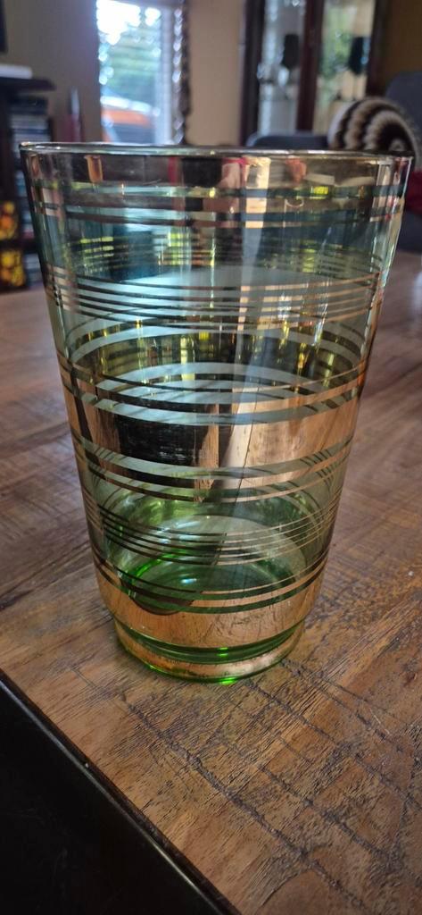 Antieke Glazen Vaas Groen/Goud, Antiek en Kunst, Antiek | Vazen, Ophalen of Verzenden