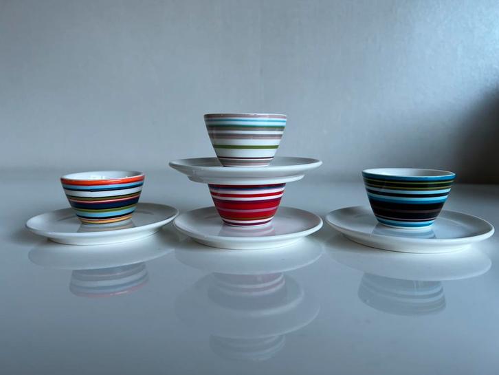4 Iittala Origo Eierdop Schotel Oranje Fuchsia Blue Häberli, Huis en Inrichting, Keuken | Servies, Zo goed als nieuw, Overige typen