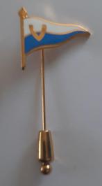 Goudkleurige speldje blauw met witte vlag met letter V, Verzamelen, Ophalen of Verzenden, Speldje of Pin, Zo goed als nieuw, Overige onderwerpen