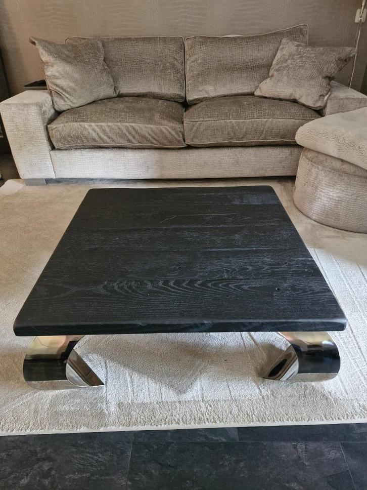 Salontafel met houten blad en bolle opium chromen poten., Huis en Inrichting, Tafels | Salontafels, Gebruikt, Minder dan 50 cm