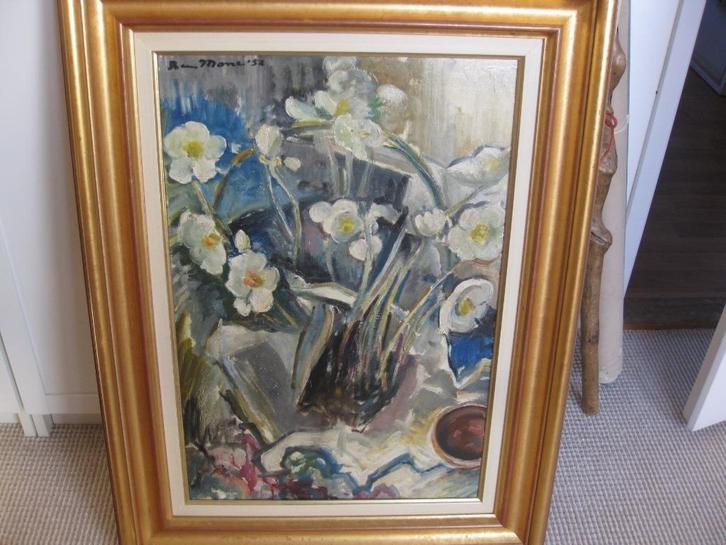 B. Mone, " Kerstrozen", Olieverf op board. Prachtige lijst., Antiek en Kunst, Kunst | Schilderijen | Klassiek, Ophalen