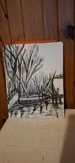 Bootje bij steiger. Met Oost-Indische inkt op papier. 40x50., Ophalen of Verzenden