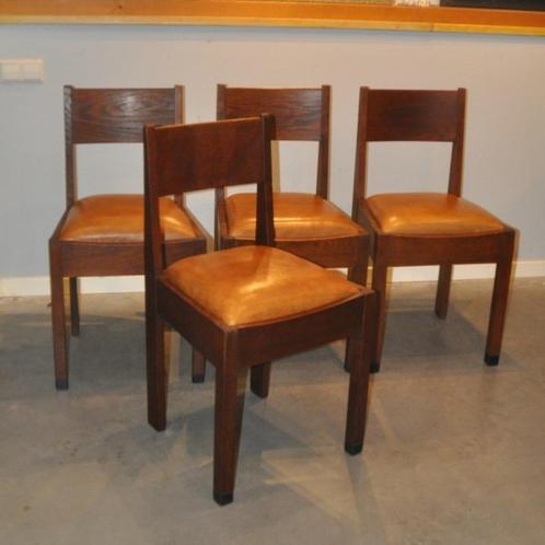 Schapenleren eetkamerstoelen (4 stuks) Amsterdamse school, Huis en Inrichting, Stoelen, Gebruikt, Vier, Leer, Bruin, Ophalen