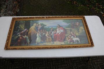 Religieus schilderij, houten antieke gouden lijst 124x58 cm beschikbaar voor biedingen