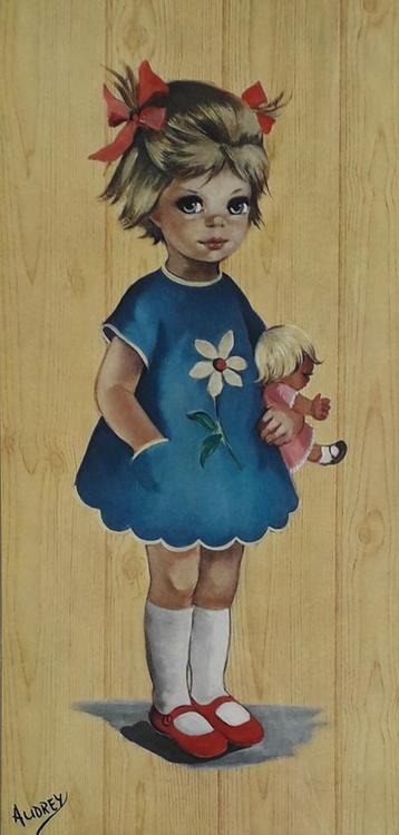 RETRO PRENT COOL MEISJE MET STRIKJES>PORTRET KIND>MET LIJST beschikbaar voor biedingen