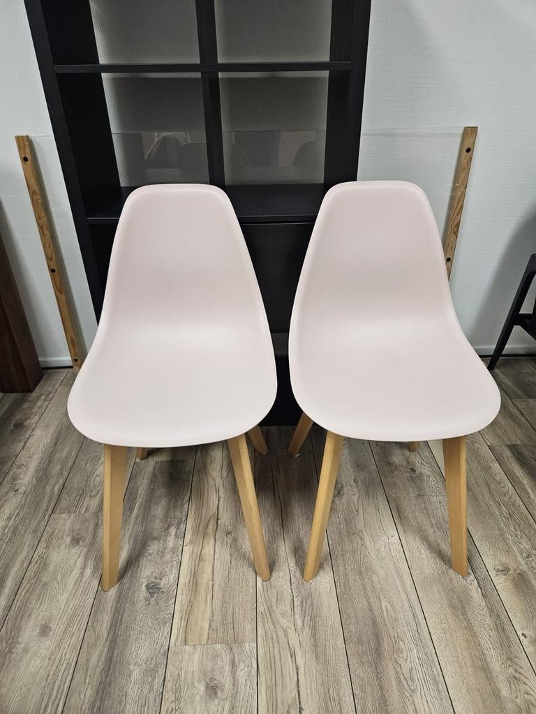 2 roze eetkamerstoelen Wehkamp met mooie houten poten, Ophalen, Kunststof, Twee, Overige kleuren