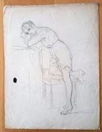 A493-49 Oude tekening Vrouw leunend op knie en elleboog, Antiek en Kunst, Kunst | Tekeningen en Foto's, Ophalen of Verzenden