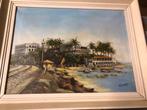 Olieverf schilderij spoorlijn zee palmbomen Timmers, Antiek en Kunst, Ophalen of Verzenden