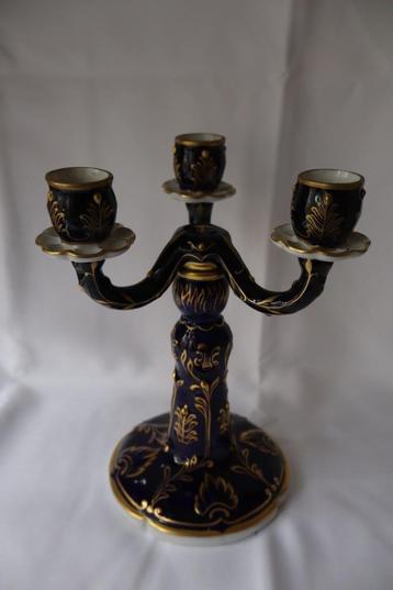 Vintage Royal Dux verguld cobalt blauw drie arm candelabra beschikbaar voor biedingen