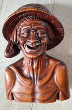 Houten vintage beeld van Aziatische man met hoed, Ophalen of Verzenden