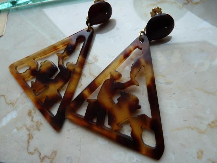 Antieke art deco oorbellen ca. 1920, tortue, gouden montuur, Sieraden, Tassen en Uiterlijk, Antieke sieraden, Oorbellen, Overige materialen