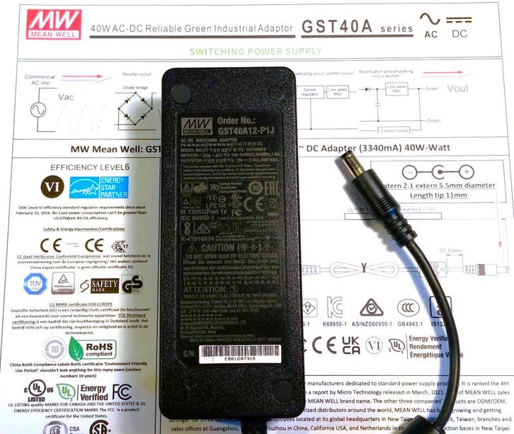 MEAN WELL GST40A12-P1J 12V 3.34A 40W AC Industrial Adapter, Computers en Software, Pc- en Netwerkkabels, Zo goed als nieuw, Ophalen of Verzenden