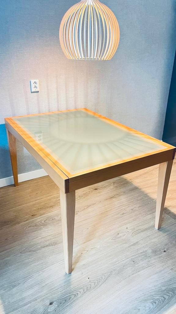 Uitschuifbare glazen eettafel, Huis en Inrichting, Tafels | Eettafels, Gebruikt, 50 tot 100 cm, 200 cm of meer, Rechthoekig, Glas
