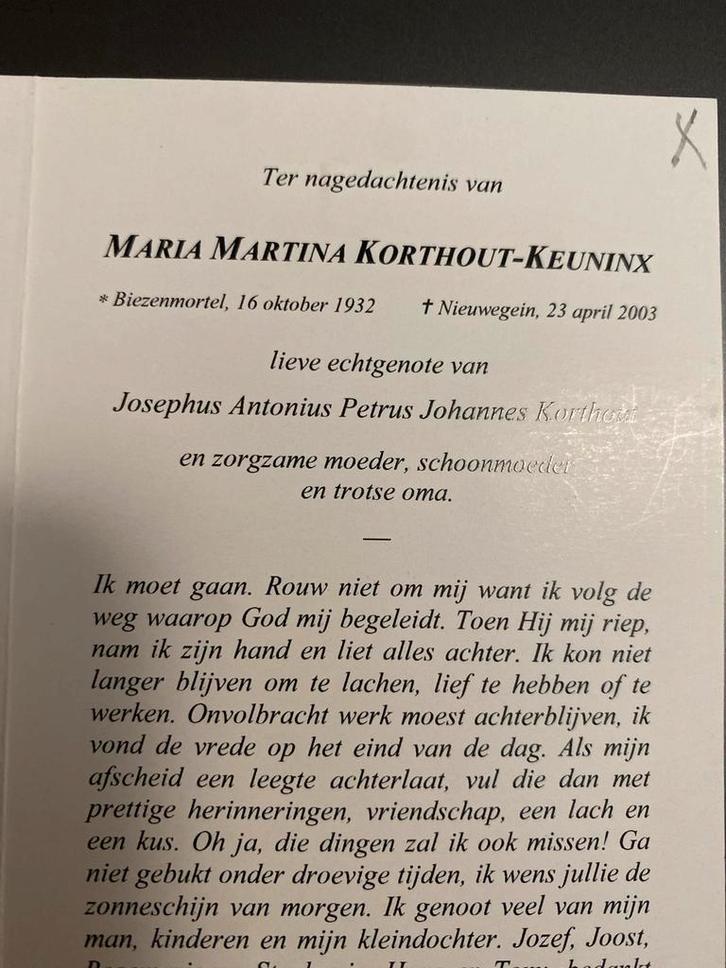 Korthout - Keuninx Biezenmortel Nieuwegein met foto, Verzamelen, Bidprentjes en Rouwkaarten, Bidprentje, Ophalen of Verzenden