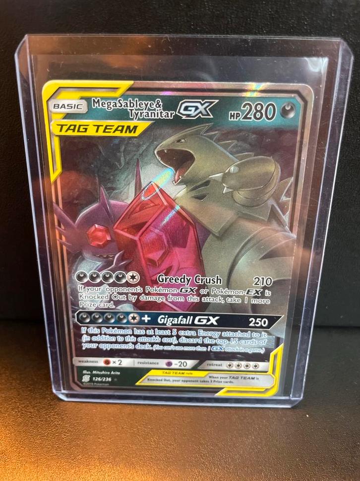 Mega Sableye & Tyranitar GX Tag Team 126/236, Hobby en Vrije tijd, Verzamelkaartspellen | Pokémon, Zo goed als nieuw, Losse kaart