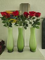 Decoratie 3 groene vazen met rozen, Ophalen, Minder dan 50 cm, Groen, Glas