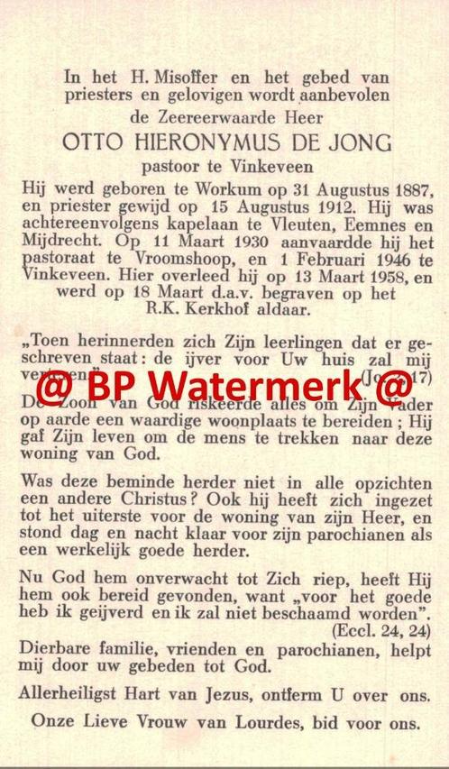 Jong de Otto 1887 Workum 1958 Vinkeveen priester Vleuten Eem, Verzamelen, Bidprentjes en Rouwkaarten, Bidprentje, Ophalen of Verzenden