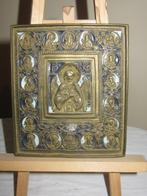 Russisch icoon in brons met blauw emaille versiering., Ophalen of Verzenden
