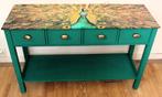 Turquoise groene sidetable “Pauw”, 4 lades, tafel, kastje, 100 tot 150 cm, Ophalen of Verzenden, Zo goed als nieuw, 25 tot 50 cm