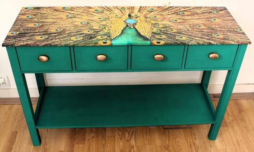 Turquoise groene sidetable “Pauw”, 4 lades, tafel, kastje, Huis en Inrichting, Tafels | Sidetables, Zo goed als nieuw, 25 tot 50 cm