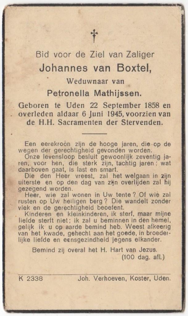Johannes van Boxtel 1858 Uden + 1945 Uden, 86 jaar oud, Verzenden
