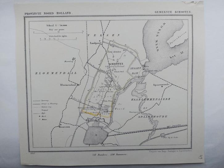49 / Schooten Haarlem  Spaarnwoude Overveen Bloemendaal, Antiek en Kunst, Kunst | Litho's en Zeefdrukken, Ophalen of Verzenden