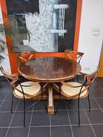 Ronde brocante eettafel met 4 stoelen, Ophalen of Verzenden, Rond, Teakhout, 100 tot 150 cm
