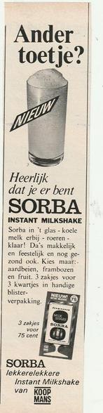 Retro reclame 1968 Koopmans Sorba zuivel milkshake frisdrank, Verzamelen, Verzenden, Overige typen