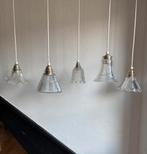 Vintage set 5 holophane glazen hanglampen streep lampenkap, Ophalen of Verzenden, Glas, Minder dan 50 cm