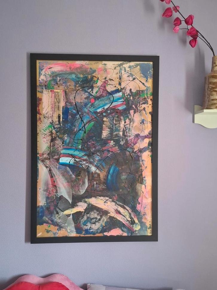 Abstract Schilderij op Hardboard met Lijst, Antiek en Kunst, Kunst | Schilderijen | Abstract, Ophalen of Verzenden