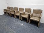 6 armstoelen / eetkamerstoelen taupe bruin leer met wielen, Ophalen, Gebruikt, Bruin, Leer