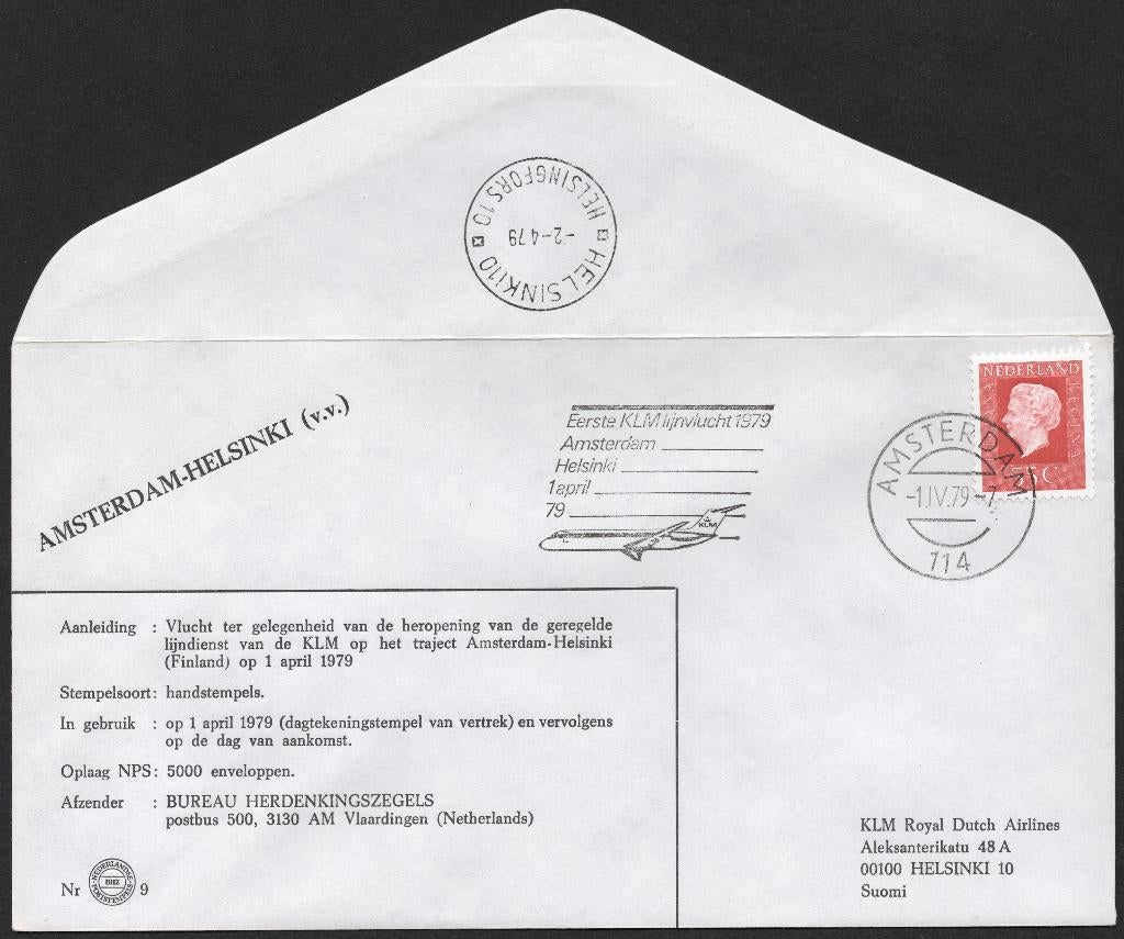 1e KLM vlucht Helsinki Finland 1979 (1), Verzenden, Envelop