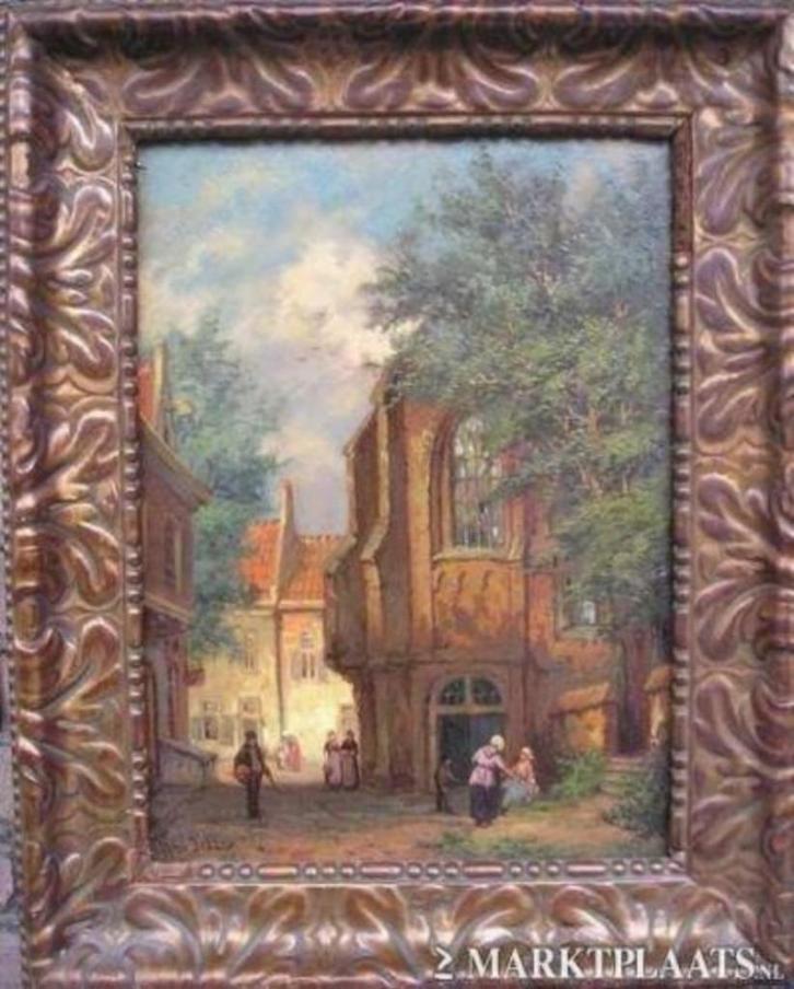 ==dorpsgezicht met vele mensen==19 e eeuw===GESIGNEERD==, Antiek en Kunst, Kunst | Schilderijen | Klassiek, Ophalen of Verzenden