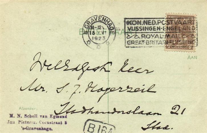 M.N. Scholl van Egmond, s-Gravenhage - 06.1923 - briefkaart, Postzegels en Munten, Brieven en Enveloppen | Nederland, Envelop
