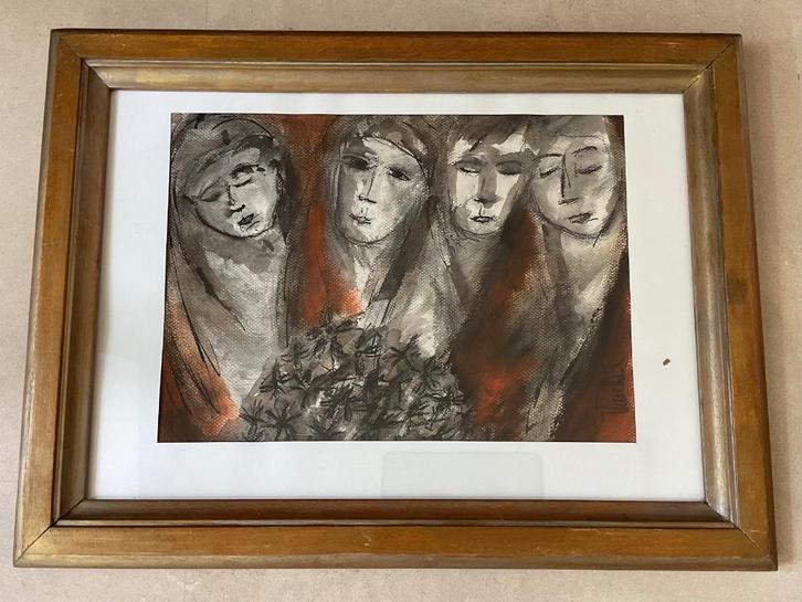 Gouache 4 vrouwengezichten rechtsonder gesigneerd ingelijst, Antiek en Kunst, Kunst | Schilderijen | Modern, Verzenden