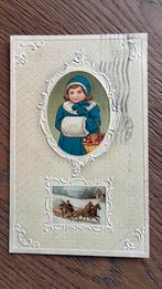 Mooie reliëfkaart. Meisje met bontmof, paatd en wagen.1918, Ophalen of Verzenden, Voor 1920, Gelopen, Kinderen