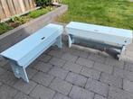 Houten vintage klepbankjes babyblauw 110 cm, Huis en Inrichting, Blauw, Twee, Zo goed als nieuw, Hout