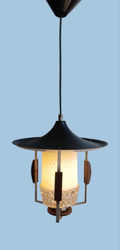 Vintage, jaren 50/60 hanglamp/hallamp, glas / metaal, Huis en Inrichting, Lampen | Hanglampen, Gebruikt, Minder dan 50 cm, Glas