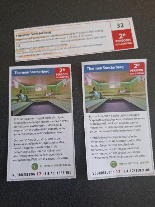 32 en 17 2024 Thermen Soesterberg 2e persoon 50% korting., Tickets en Kaartjes, Kortingen en Cadeaubonnen, Drie personen of meer