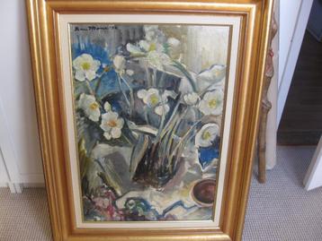 B. Mone, " Kerstrozen", Olieverf op board. Prachtige lijst. beschikbaar voor biedingen