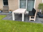 Steigerhouten eettafel met bank en zwarte kussens, Tuin en Terras, Ophalen, Gebruikt