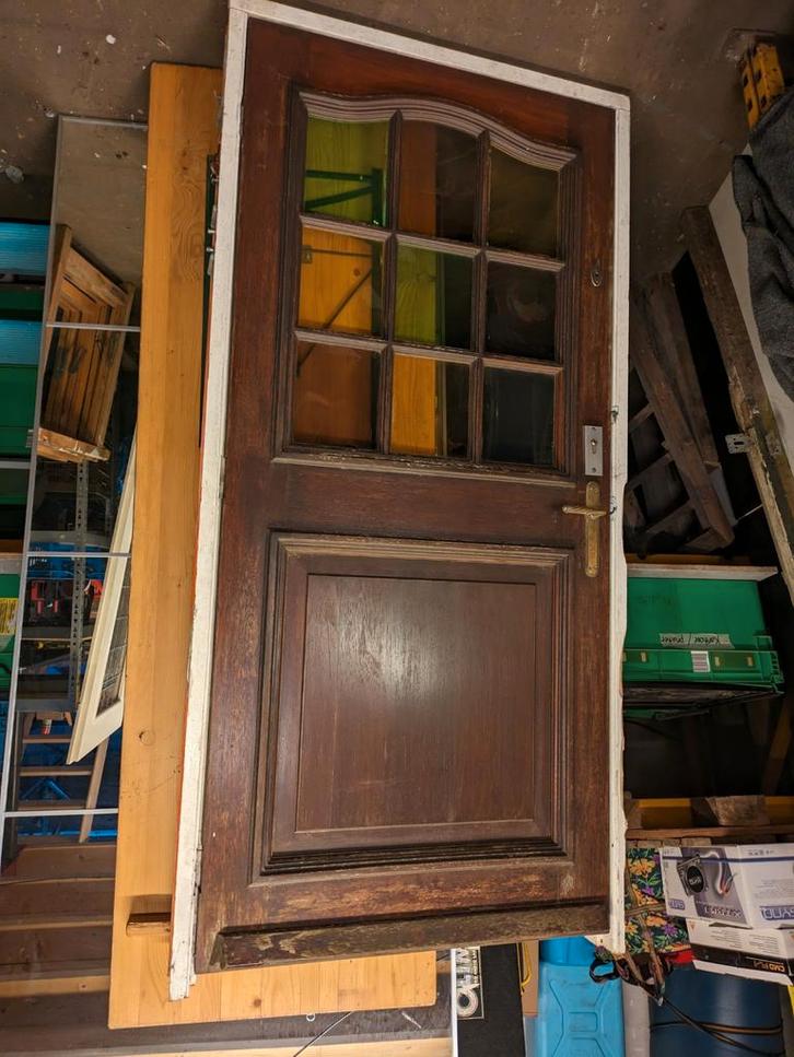 Houten Buitendeur met Glas, Doe-het-zelf en Verbouw, Deuren en Horren, Gebruikt, Buitendeur, 200 tot 215 cm, Glas, Ophalen