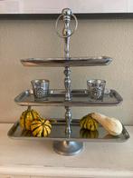 Etagère, 3 etages, Taart Plateau, aluminium, 53 cm Hoog, Huis en Inrichting, Ophalen of Verzenden, Zo goed als nieuw